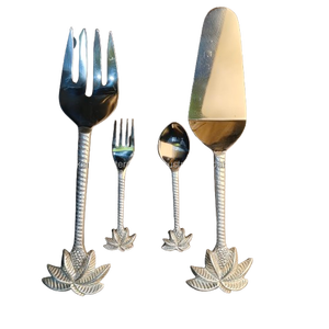 Ensemble de service en feuilles de palmier argentées tropicales, serveurs à salade en acier inoxydable à manche torsadé, pelle à gâteau et cuillères à apéritif - Product Image 1