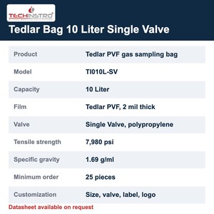 Sac d'échantillonnage de gaz TECHINSTRO Tedlar 10 litres avec valve unique en film PVF, étanche pour l'échantillonnage d'air, de COV et de gaz du sol - Product Image 6