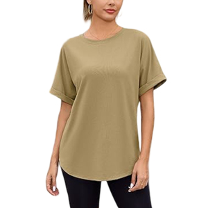 Camisetas de Manga Corta Color Caqui para Mujer, Cuello Redondo, Estilo Casual de Verano, Decoración con Logotipo Impreso en Lona Personalizada, 100% - Product Image 6