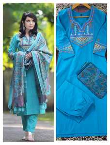 Women's Turquoise Cotton Salwar Kameez Hand Drawn Floral Dupatta Traditional Indian Pakistan <b>Wedding</b> Party Ankle-Length Regular - Product Image 2