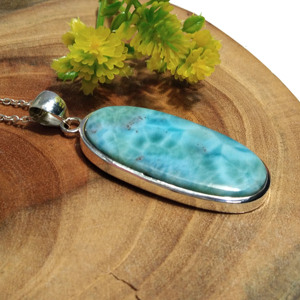 Collier pendentif en larimar naturel, argent sterling 925 massif, cabochon ovale, pierre précieuse, chaîne torsadée faite à la main, bijoux bohèmes - Product Image 4