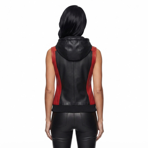 Fashion Women's Hooded Leather Vest Women's Leather Sleeveless Hoodie with <b>Zipper</b> Female Side Pockets Leather Hood Vest - Product Image 2
