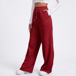 Pantalon large taille haute rouge tissé délavé avec cordon de serrage, taille élastique, longueur intégrale, couleur unie, décontracté, respirant, coupe ample pour femme - Product Image 1
