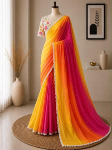 Sari en tissu de lin à rembourrage doux avec travail de miroir sur le corps et bordure brodée blanche, et magnifique chemisier imprimé assorti. - Product Image 5