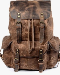 Sac à dos pour ordinateur portable en toile cirée marron ORVAIN pour hommes, avec boucle en cuir véritable, double poignée, fermeture éclair et verrouillage multiples - Product Image 4
