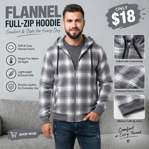 Haut à capuche en flanelle pour homme, entièrement zippé, à carreaux, à manches longues, avec poches latérales, pour l'hiver décontracté - Product Image 2