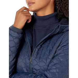 Navy Blue <b>Quilted</b> Women's <b>Jacket</b> Full Sleeve Stand Collar Zipper Closure Winter Warm Coat Regular Length Solid <b>Pattern</b> - Product Image 5