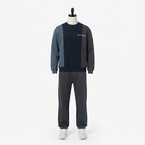 Ensemble sweat-shirt et pantalon de survêtement pour homme, col rond, couleurs contrastées, bleu marine et gris, streetwear décontracté, vêtements assortis, logo personnalisé - Product Image 3