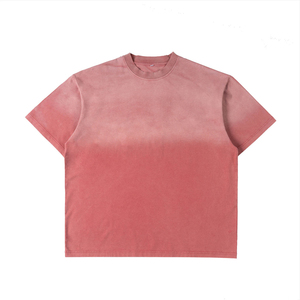 Camiseta Oversize de Cuello Redondo para Hombre, Manga Corta, Teñido Degradado, Algodón Tejido, Color Sólido Rosa Rojo Degradado - Product Image 3