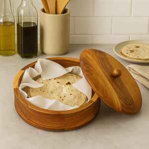 Boîte ronde en bois d'acacia massif durable pour chapati, chauffe-roti, casserole avec couvercle, pour la cuisine, la table à manger, le service et le rangement des aliments - Product Image 5