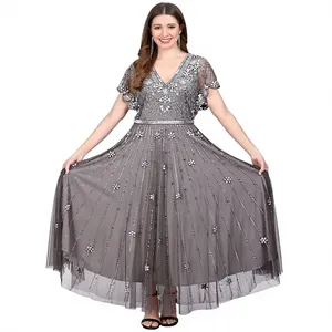 Elegant Grey V-Neck Embroidered Maxi <b>Dress</b> with Floral Beading A-Line Evening Gown Cap Sleeve Sheer Layer - Product Image 1
