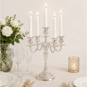 Candelabro Metálico de Lujo de 5 Brazos, Plateado, Adornado, Centro de Mesa, Portavelas para Decoración de Bodas y Eventos - Product Image 6