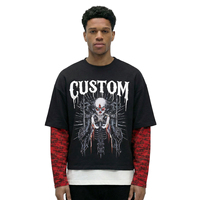 T-shirt noir surdimensionné pour homme avec bordure contrastante blanche et imprimé graphique sur le devant, style streetwear, manches courtes, coton