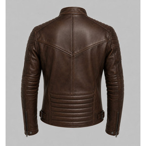 Blouson moto homme en cuir véritable marron, col montant, fermeture éclair, coupe ajustée, style motard, pour l'automne - Product Image 4