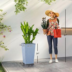 Juego de 3 Macetas Cónicas Gris Claro de 24 Pulgadas de Alto, Macetas para Exteriores con Orificios de Drenaje, Decoración de Ratán, Soportes para Plantas - Product Image 3