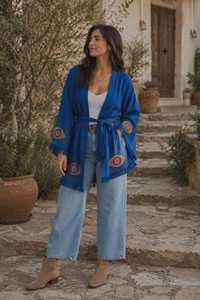Kimono de Lujo 100% Algodón, Manga Larga, Hermoso Bordado a Mano, Azul Sólido, Abierto por Delante, Talla Grande, Bata de Playa, Modelo a Pedir - Product Image 4