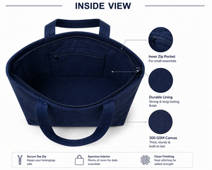 Sac fourre-tout en toile bleu marine Silent But Savage avec fermeture à glissière et longue poignée, sac de courses réutilisable - Product Image 3