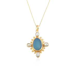 Pendentif léger en chalcédoine bleue et perle d'eau douce, plaqué or 18 carats, collier unisexe pour occasions spéciales, idéal pour les cadeaux. - Product Image 1