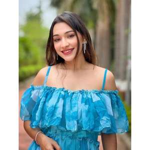 ชุดเดรสยาวสีน้ำเงินแบบเปิดไหล่สำหรับผู้หญิง  ทรงเอ  ตกแต่งระบายช่วงคอ  วัสดุเป็นมิตรต่อสิ่งแวดล้อม  เหมาะสำหรับงานปาร์ตี้ฤดูร้อน - Product Image 4