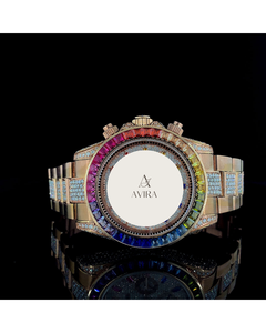 Reloj de Pulsera con Esfera Arcoíris Estilo Presidencial, Diamantes Moissanite, Movimiento Japonés, Tono Oro Amarillo, Correa de Acero Inoxidable para Hombre - Product Image 1