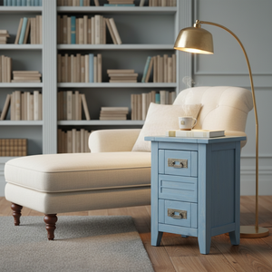 Table basse moderne PKP avec 2 tiroirs, bois d'hévéa blanc, MDF, meubles de salon, durable, garantie 1 an, bleu - Product Image 3