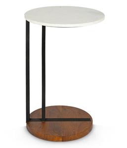 Modern <b>Round</b> Marble Top <b>Side</b> <b>Table</b> With <b>Black</b> Metal Legs And Wood Base Indoor Living Room Decor Accent Piece - Product Image 2