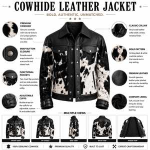 Veste de motard en cuir véritable pour homme, motif vachette, col rabattu, fermeture boutonnée, coupe classique, doublure en fausse fourrure épaisse pour l'hiver - Product Image 5