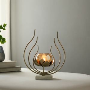 Celestial Golden Iron Handmade Eco-Friendly <b>Candle</b> Stand with Floral Design <b>Marble</b> Base for Religious Activities Home Decoration - Product Image 3
