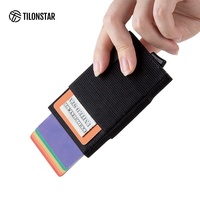 TVC212 kotak kartu bank aluminium logam, dompet kain elastis kantung Pop-up otomatis pemegang kartu kredit RFID dengan cincin gantungan kunci