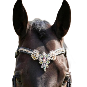 Bandeau de tête pour cheval en cuir noir de luxe, orné de cristaux champagne et de fleurs en forme de V, pour concours et dressage. - Product Image 5