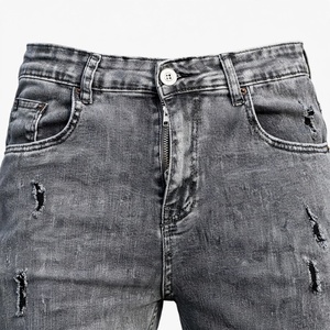 Jean en denim gris déchiré coupe slim pour homme, taille haute, délavé, style décontracté, en coton tissé, jambe droite, collection printemps - Product Image 6