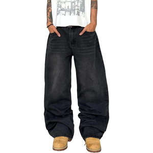 Jean ample décontracté pour homme, coupe large, denim délavé, style streetwear hip-hop, noir - Product Image 1