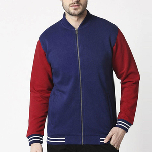 Men's Blue Red Color Block Varsity Jacket <b>Zipper</b> Front Stand Collar Casual <b>Fleece</b> Coat Autumn Wear - Product Image 1