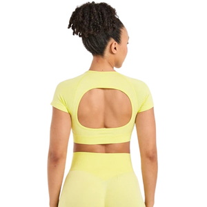 Top corto sin costuras para mujer, camiseta deportiva elástica para fitness, ropa transpirable para entrenamiento, yoga, gimnasio, ropa deportiva cómoda - Product Image 4