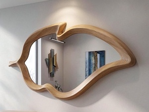 Handcrafted <b>Leaf</b> Shape Natural Wooden <b>Wall</b> Mirror Aesthetic Organic Frame Modern Irregular Carved Wood Mirror For Living Room - Product Image 3