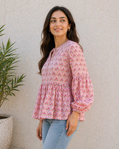 Blusa Peplum de Algodón Estampada a Mano para Mujer al por Mayor, Top Floral Rosa de Manga Larga, Túnica Boho, Top Casual de Moda para Boutique, OEM - Product Image 3