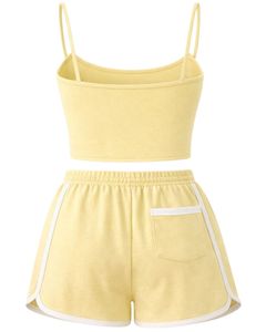 Conjunto de Camisola y Pantalones Cortos para Mujer en Amarillo Pastel, Traje de Dos Piezas para Verano, Top Corto de Mezcla de Algodón, Pantalones Cortos con Cordón y Bordado de Margaritas - Product Image 2