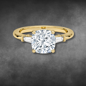 Lab Grown <b>Diamond</b> <b>Ring</b> 14KT 18KT Yellow Gold Cushion Cut Three Stone <b>Ring</b> With Tapered Baguette <b>Diamonds</b> For Ladies Fine Jewelry - Product Image 1