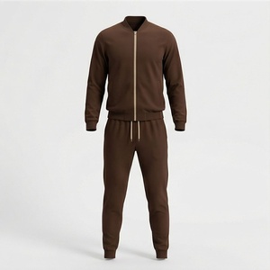 Men's <b>Brown</b> Cotton Tracksuit Full Zipper Stand Collar Casual Solid Color <b>Joggers</b> Set Regular Fit Autumn Wear - Product Image 1