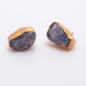 Pendientes de GEMA de tanzanita sin procesar, joyería de latón chapada en oro, joyería alemana - Product Image 4