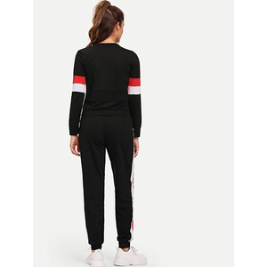 Women's Black Striped <b>Tracksuit</b> Set Long Sleeve Crew Neck Sweatshirt Joggers Full Length Elastic Waist Side Pockets Sporty - Product Image 2