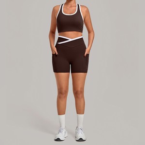 Nouvel ensemble de vêtements de sport pour femmes, couleur unie, 2 pièces, tenue de yoga, soutien-gorge de sport élastique confortable avec poches, shorts, vêtements de sport actifs - Product Image 2