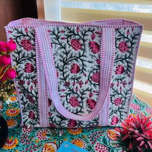 Handmade Vintage Large Tote Handbag Quilted <b>Patchwork</b> Indian Cotton Washable Grocery <b>Bag</b> Printed Design for Women's Daily Use - Product Image 1