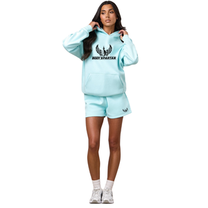 Womens Ice Blue Fleece Hoodie and <b>Shorts</b> Set Relaxed Fit Casual <b>Lounge</b> Wear Athleisure Fitness Activewear Outfit - Product Image 1