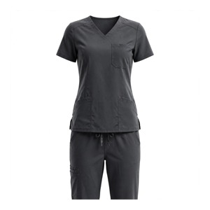 Ensemble uniforme unisexe gris foncé en polyester respirant : Blouse à col en V avec poches et pantalon à cordon de serrage, détection d'aiguilles - Product Image 1