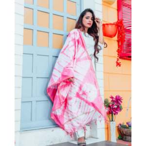 Ensemble de costume en coton blanc à motifs roses faits à la main pour femmes avec dupatta rose, taille XS - Product Image 2