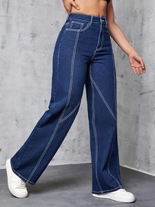 Jean en denim pour femme, coupe droite, couleur unie, en coton, décontracté, délavage foncé, respirant, avec ceinture, style estival - Product Image 5