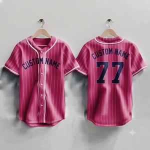 Pink <b>Navy</b> Blue Pinstripe Custom Baseball Jersey Men's Button Up Breathable Sports Uniform Team Apparel Sublimated Wholesale - Product Image 1