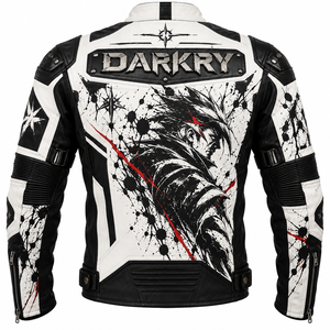 DARKRY Chaqueta de moto para hombre, de cuero sintético, con cuello alto, estampado de anime en blanco y negro, corte ajustado, estilo motero - Product Image 2