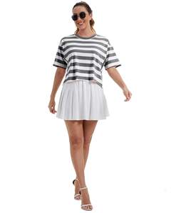 Camiseta Corta a Rayas para Mujer, Corte Holgado, Manga Corta, Informal, Verano, Algodón Suave, Estilo Urbano - Product Image 1